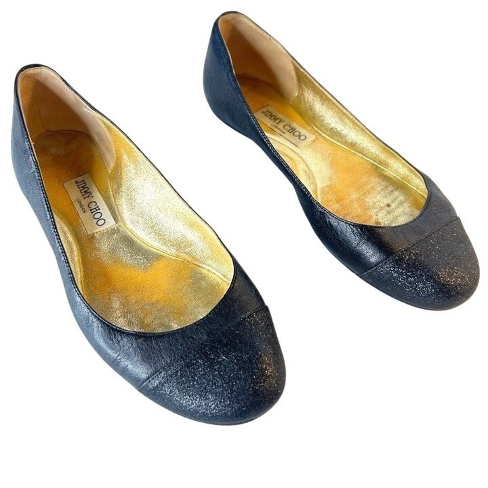 Jimmy Choo Black Leather Glitter Cap Toe Ballet Flats Gold Insole Size 39 Italy